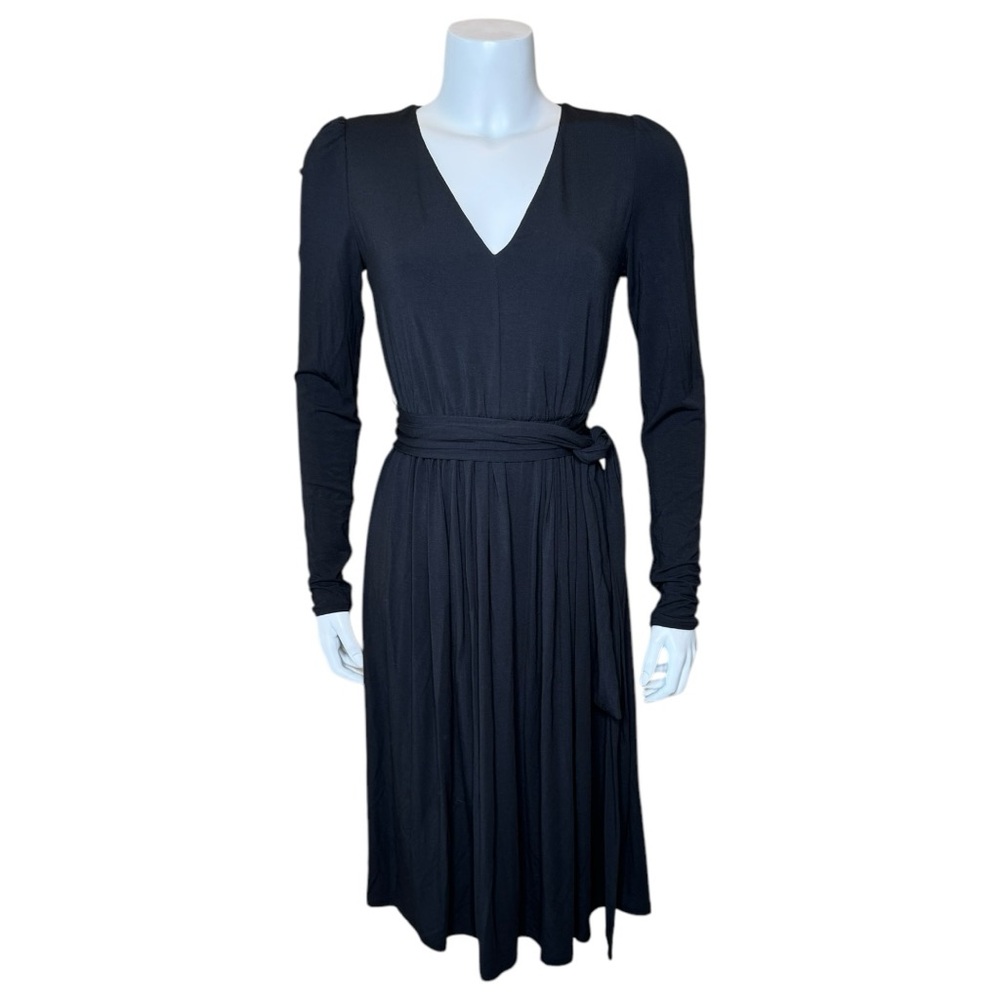 Rebecca Taylor V-neck Modal Dress S Long Sleeve Tie Belt Black